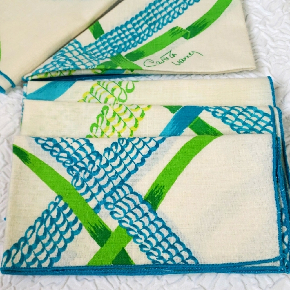 Carleton Varney Designer Vintage Napkins "Set Of 12" White Turquoise Green Sq… - Picture 10 of 16
